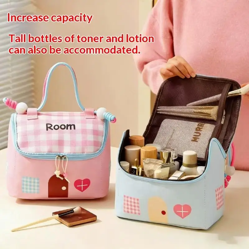 Große Kapazität, wasserdicht, Dopamin, niedliche kleine Kosmetiktasche in Hausform, tragbare Aufbewahrungstasche, Bento-Lunchbox-Tasche, Kulturbeutel – Detail 2