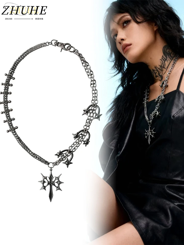 2025 New Gothic Jewelry Accessories Punk Cross Star Choker Necklace for Men Women Streetwear Essential