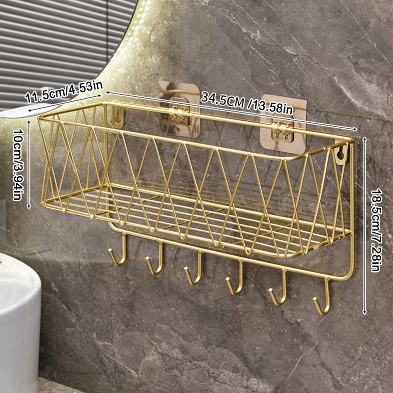 Shower Shelf Organizer Rack Bathroom Shelf No Drill Wall-Mounted Golden Iron Toiletries Storage Rack with Hook for Shampoo Home