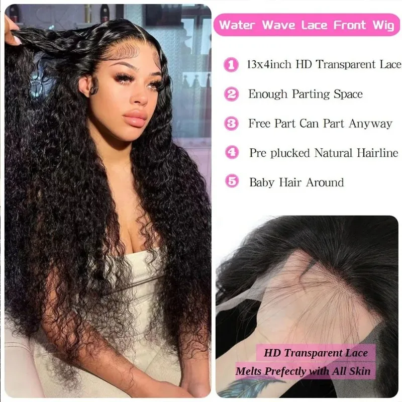 Perruque Lace Front Wig Deep Wave Naturelle, Cheveux Humains, 13x4, 30 Pouces, Pre-Plucked, Densité 250, Transparent HD, pour Femme