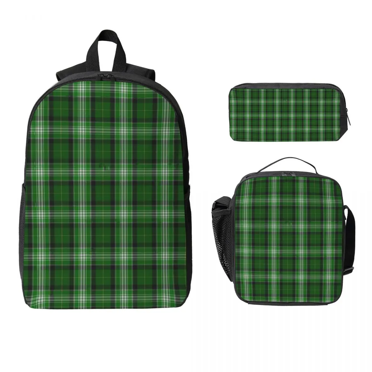 

Green And White Scottish Tartan Flannel Plaid Backpack Student Boys Girls BookBag School Bag 3ps Insulated Lunch Bag Pencil Case
