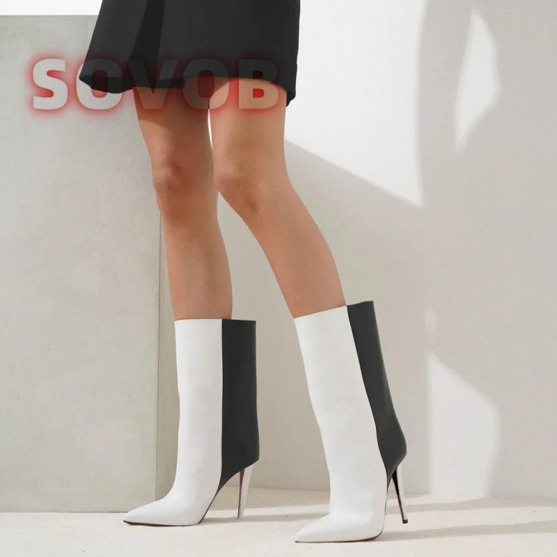 

Two-Tone Faux Leather Mid-calf Boots Pointy Toe Stiletto Heels Slip On Women's Boots Casual Newest 2025 Winter Dress Shoes