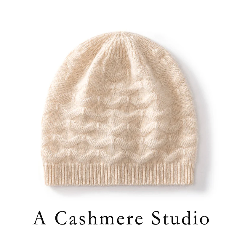 

Осень-зима 2025 г., новая вязаная шапка из 100% чистого кашемира с волнистым узором для женщин, уличная однотонная теплая шапка для отдыха