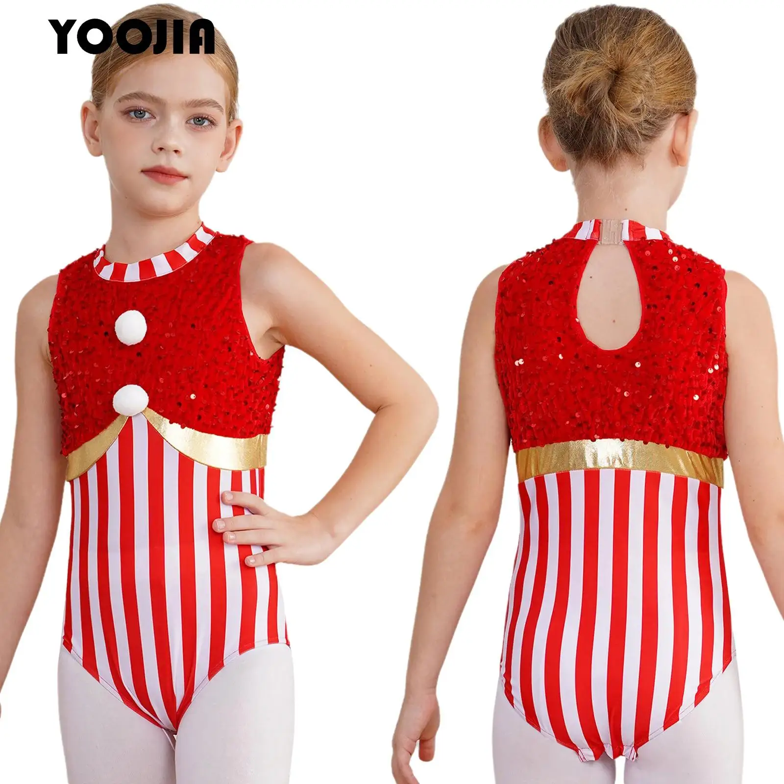 

Kids Girls Christmas Candy Cane Bodysuit Ballet Dance Figure Skating Gymnastics Leotard Sleeveless Striped Sequin Xmas Jumpsuit