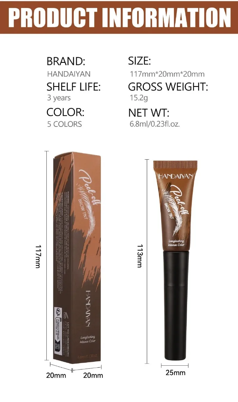 5-farbiges, abziehbares Augenbrauengel und Pinsel in einem, langanhaltende, intensive Farbe, schweißresistent, semi-permanente Augenbrauenfarbe, Augen-Make-up – Detail 16