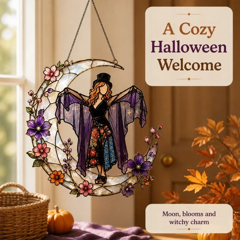 Halloween Acrylic Hanging Suncatcher – Gothic Witch Style Window Ornament – ​​Acrylic Hanging Art for Home, Garden, and Gifts