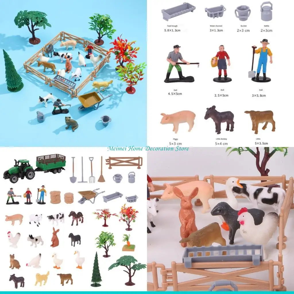Figuras animales granja realistas H7BF, juego 42 Uds. figuritas animales granja, marcos vallas, adornos