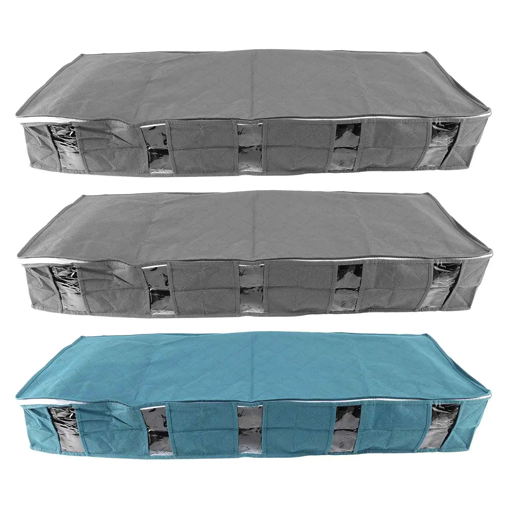 3PC Large Underbed Storage Bags, Blankets Clothes Comforters Foldable Organizer Container with Clear Window Gray+Blue