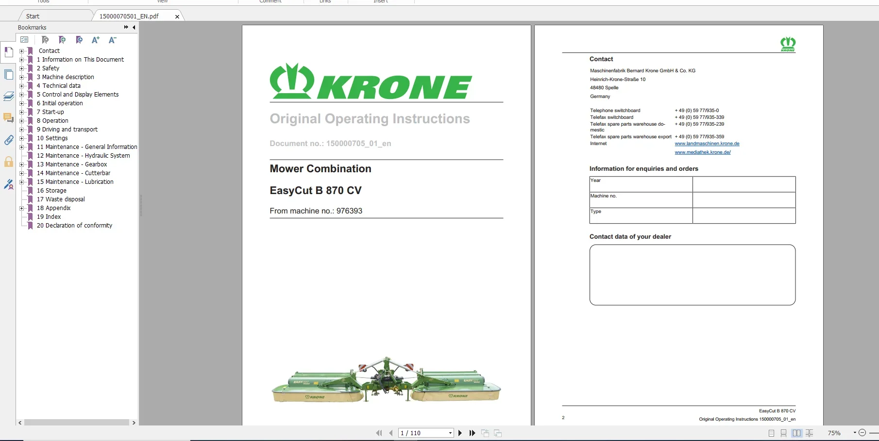 Krone Agricultural 16.7Gb All Model Operation Manual Updated 06.2021