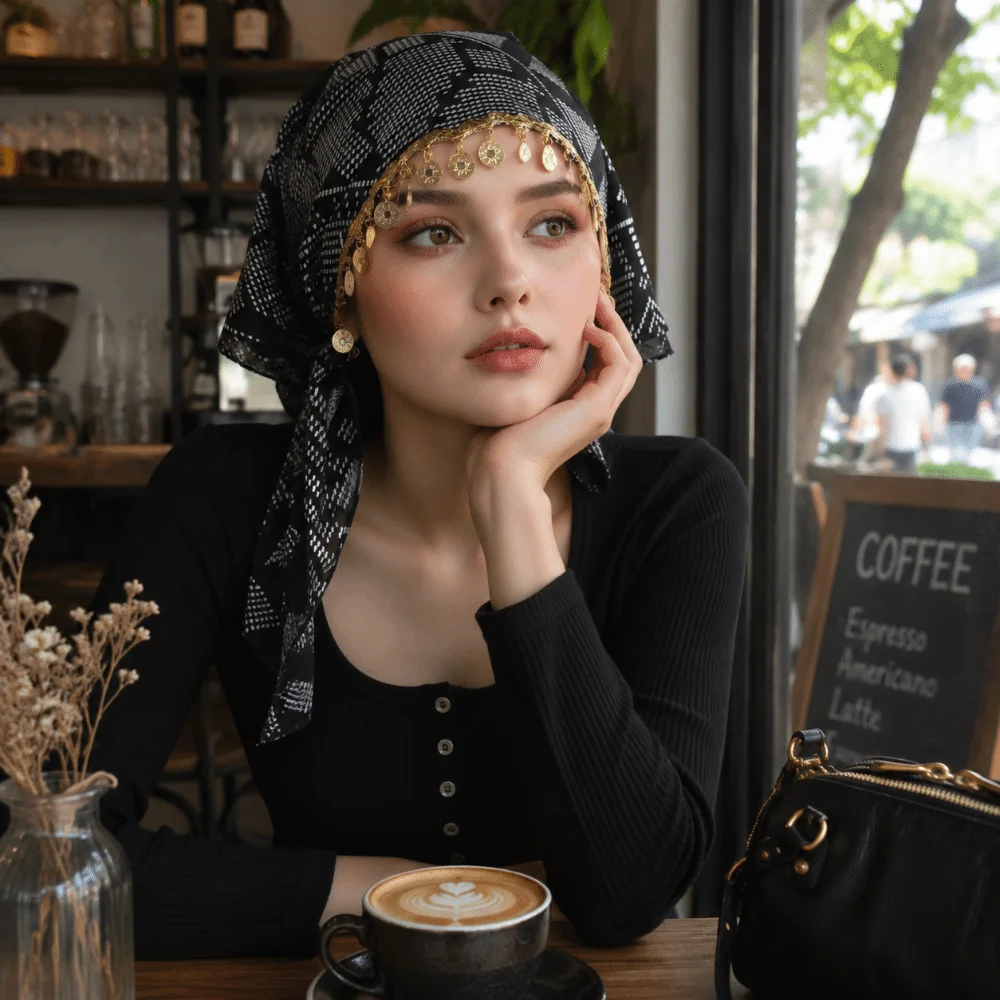 Fashion Polyester Triangle Headscarf Breathable Sequin Golden Beaded Hijab Floral Print Lightweight Elegant Turban Hat Eid Gift