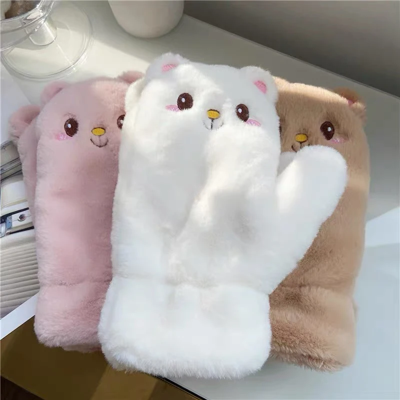 Women Winter Plush Cat Mittens Fingerless Gloves Plush Warm Glove Winter Soft Thick Gloves for Women Girl Flexible Half Finger