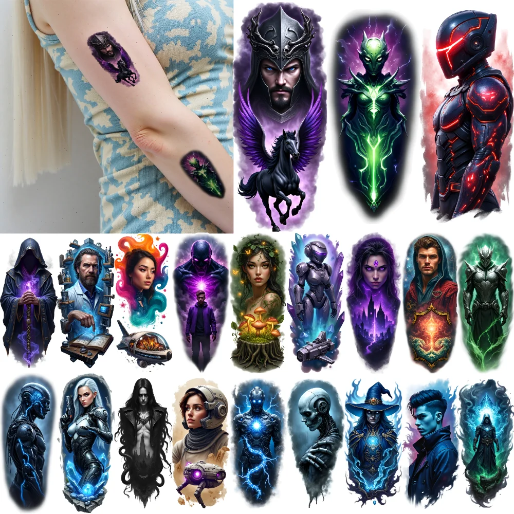 

9 шт., временные татуировки-робот, водонепроницаемые долговечные наклейки на тело, городское пространство, красочный реализм, природа для рук, спина для взрослых