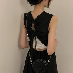 Hollow Out Midi Dress Women Elegant Black Sleeveless A Line Dresses Summer Korean Party Drawstring Backless Sundress Vestidos