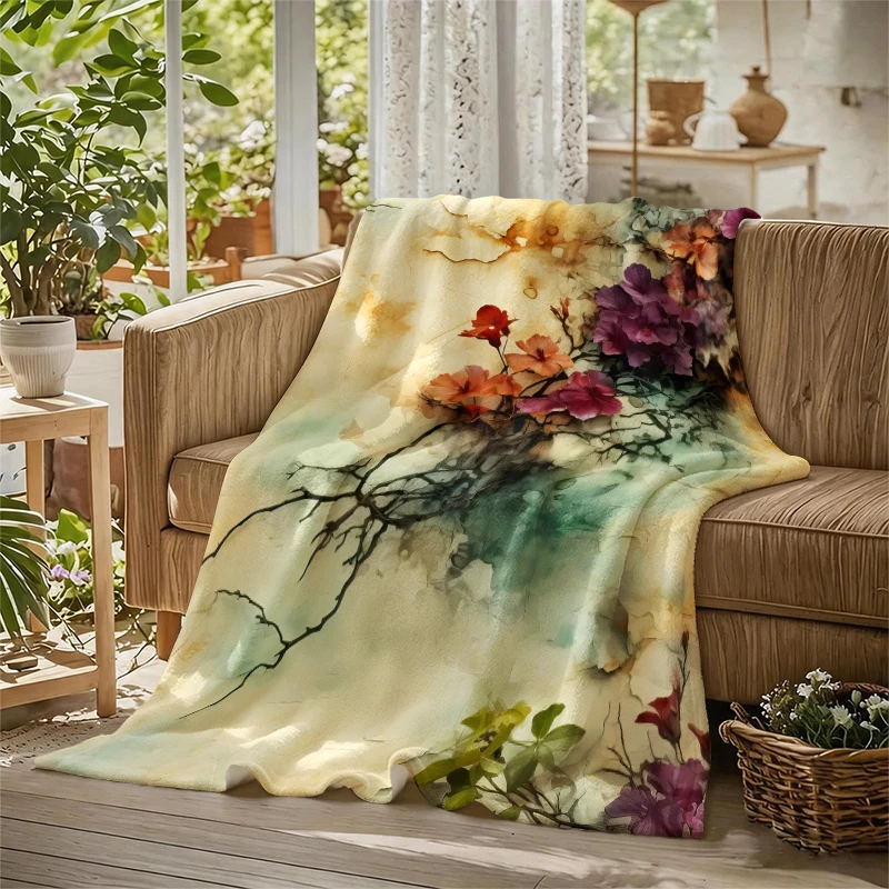 Cracked Floral Art Flannel Blanket Soft Warm Christmas Halloween Blanket for Lightweight Cozy Room Home Decor Gifts