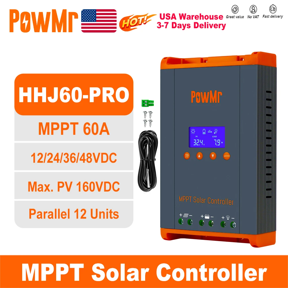 PowMr USA 60A MPPT Solar Charge Controller 12V 24V 36V 48V PV 20-160V Max 720W/1440W/2100W/2800W Solar Panel Regulator for Lead Acid Gel LiFePO4 Battery Home Off Grid Solar Power System for Farm Solar Station Battery Charging Regulator