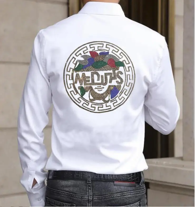 Diamonds  Anime  Graphic  Shirts Men long Sleeve Rhinestones  Fashion Mens  Streetwear Casual Blouse