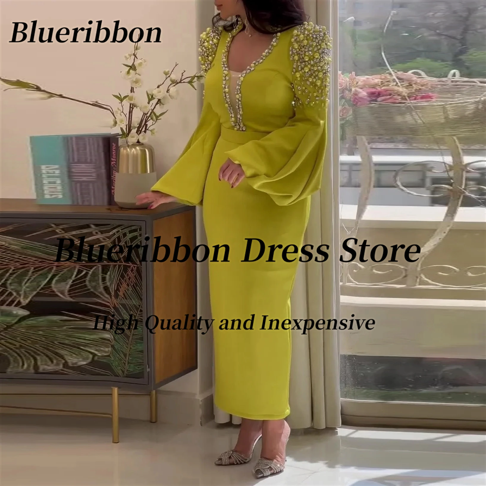 

Blueribbon Saudi Arabia Women Evening Dresses V Neck Pearls Crystals Long Sleeves Prom Dress Ankle Length Birthday Party Gowns