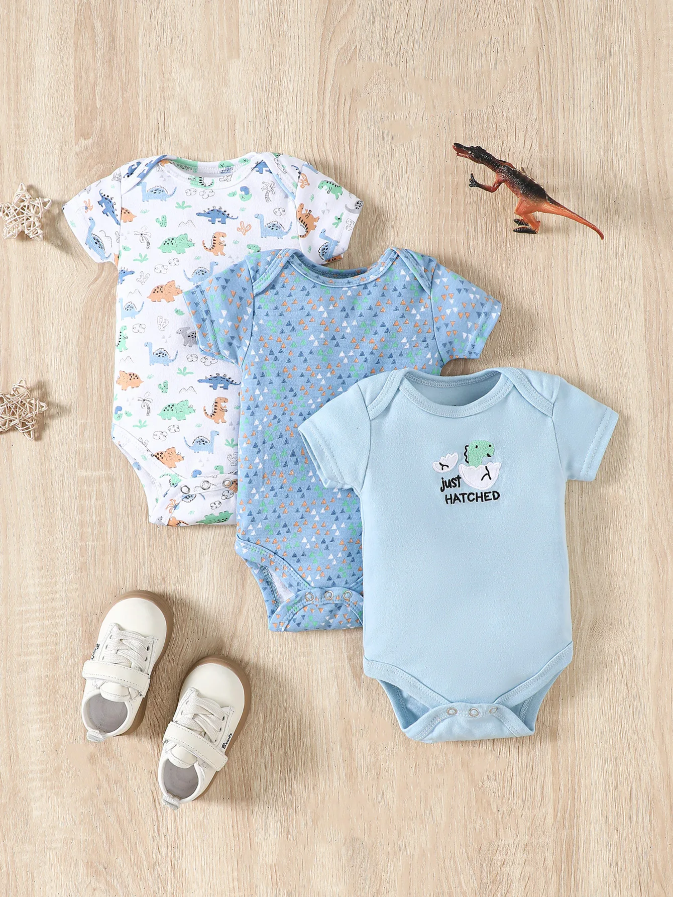3PCS Summer Baby Short Sleeve Triangle Jumpsuit Cartoon Dinosaur Pattern and Triangle Pattern Jumpsuit 0-9 Months Boys' Jumpsuit