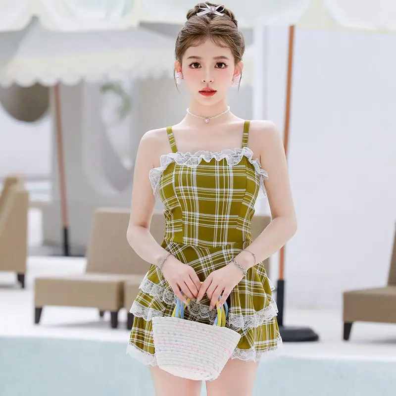 Women Vintage Plaid Print Lace Patchwork Beach Mini Dress Sexy Spaghetti Strap Sweet One Piece Swimsuit Y2K Fairy Slim Swimwear