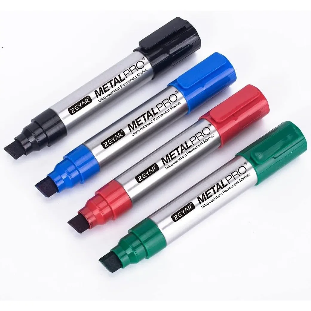 

Jumbo Permanent Markers Set Of 4 Black Blue Red Green Aluminum Barrel Chisel Tip For Most Surfaces
