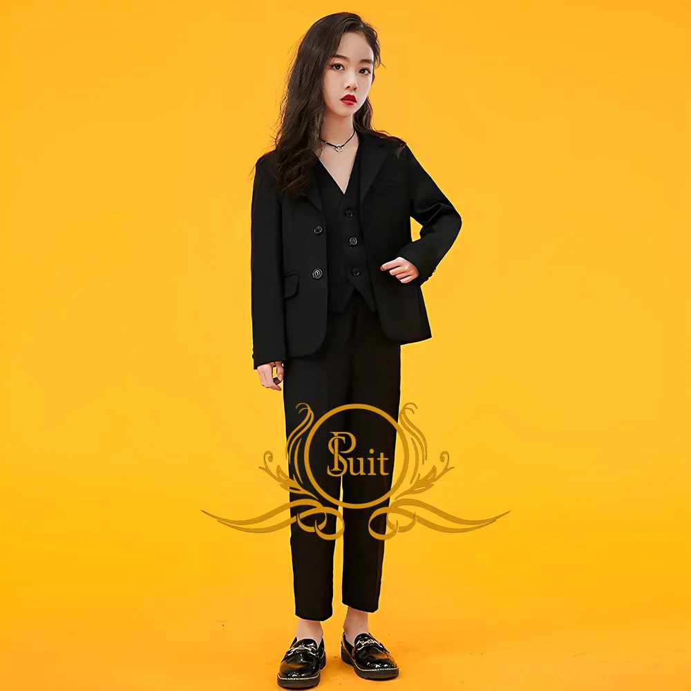 Girls' Black Suit Three Pieces Jacket+Pants+Vest Set New Fashion High Quality Elegant Slim Fit Formal Occasion Children's Set