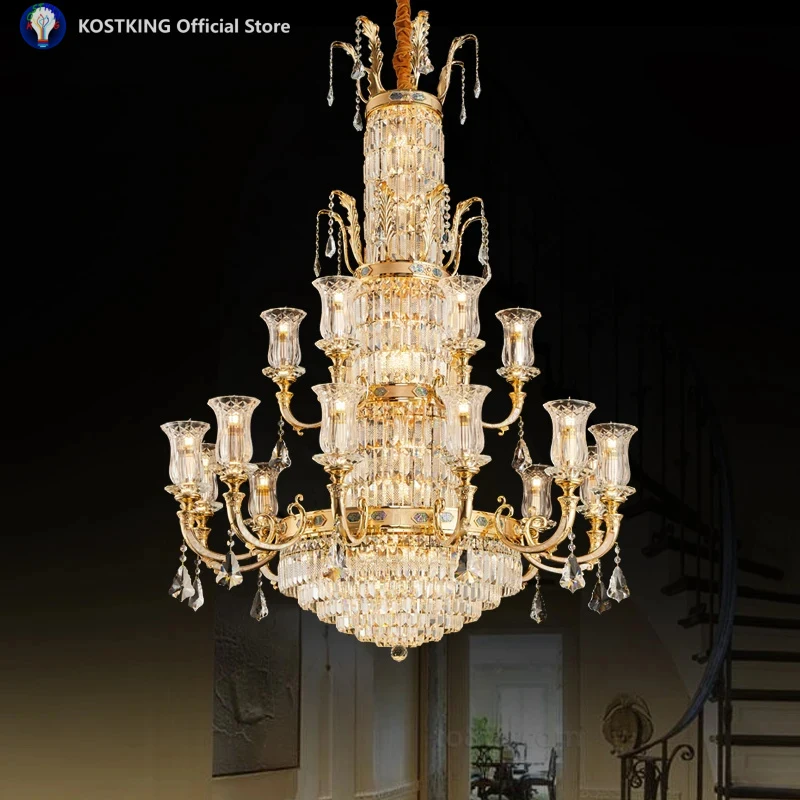 European Style French High-End Crystal Chandelier All Copper Hollow Empty Living Room Chandelier Duplex Villa Hall Copper Lamp