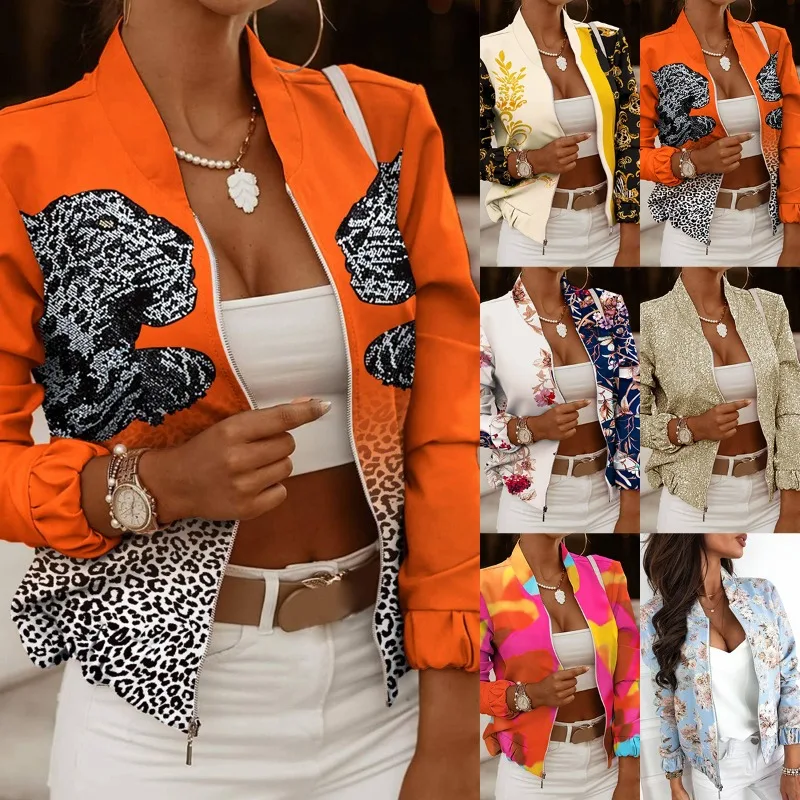 

Trendy Zip-up Stand-up Collar Jacket Short Printed Shiny Jacket Thick and Warm Tie-dye Long-sleeved Coat for Women Chaqueta