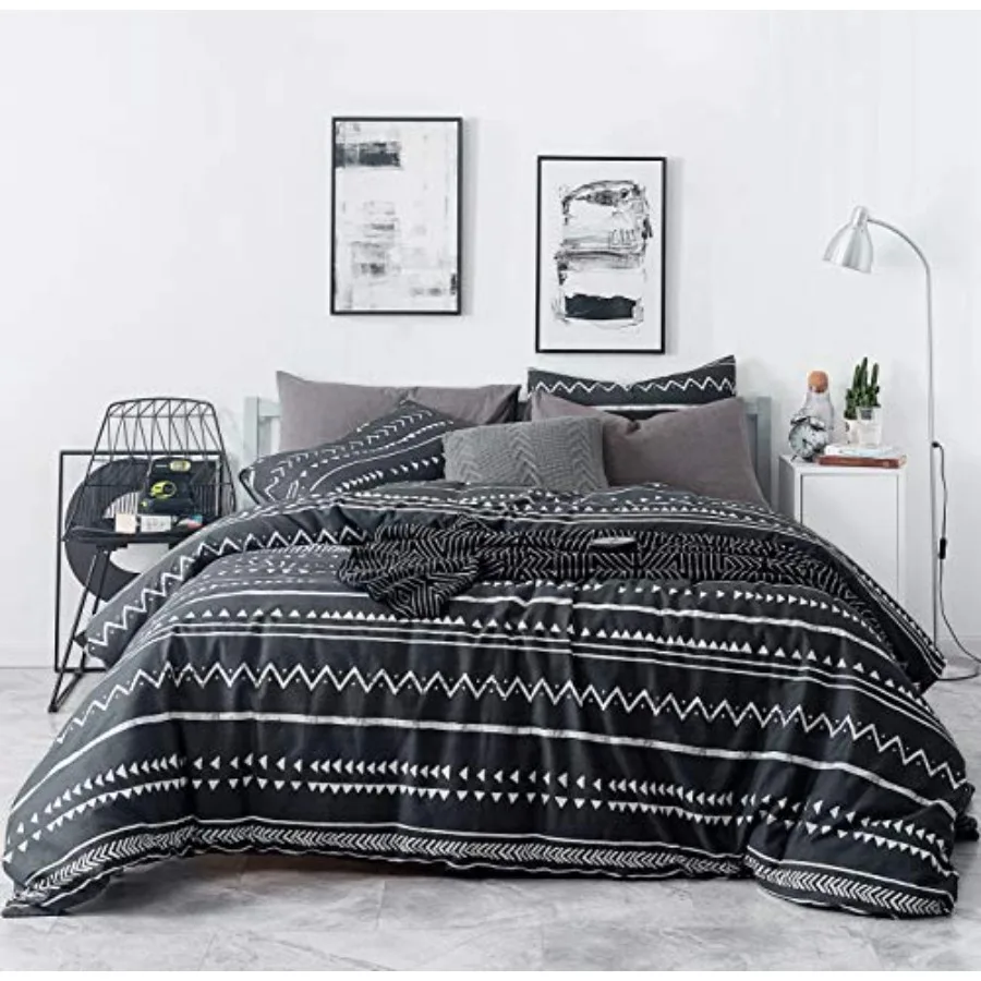 

White Boho Duvet Cover Queen 100% Cotton 3 Pcs Set 1 White Striped Duvet Cover with Zipper Ties 2 Pillowcases Southwestern Bohe