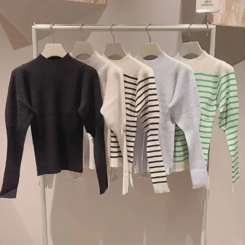 Kuzuwata Goth Stand Neck Stripe Contrast Color Pull Femme Long Sleeve Slim Jumpers Autumn Japanese Knitted Pullover Sweaters