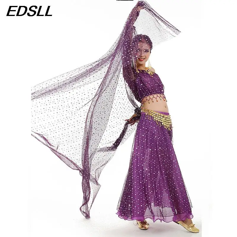 Belly Dance Outfit Set Sexy Top Coins Waist Chain Sequins Long Dress Belly Dance Silk Scarf Large Throwing Yarn Headdress