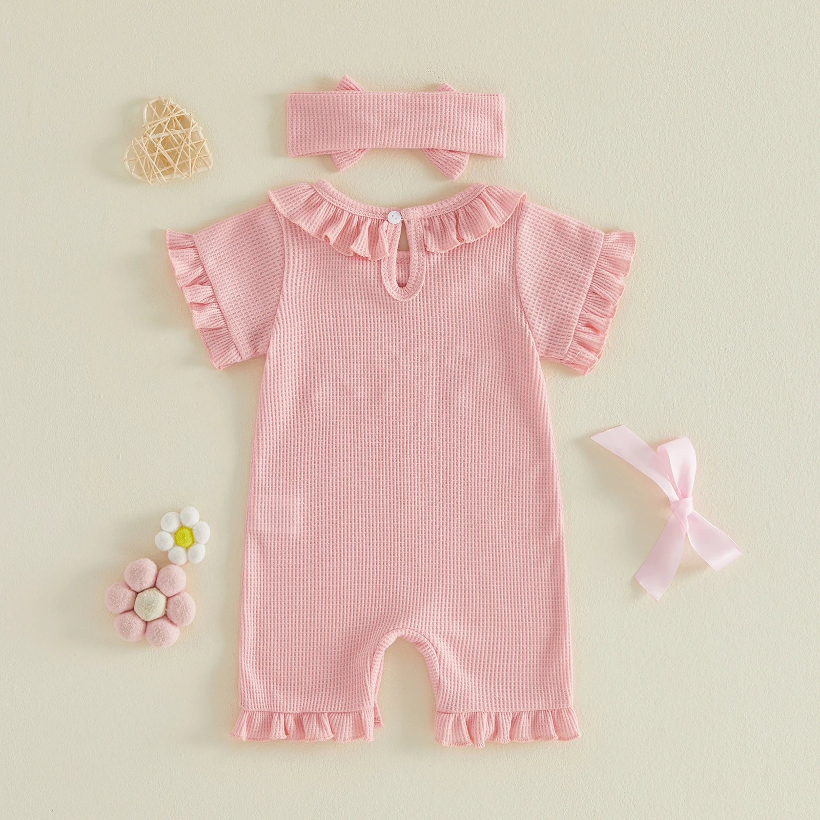 Baby Girl Summer Waffle Ruffles Jumpsuits Romper Bow Embroidery Short Sleeve Jumpsuit with Headband