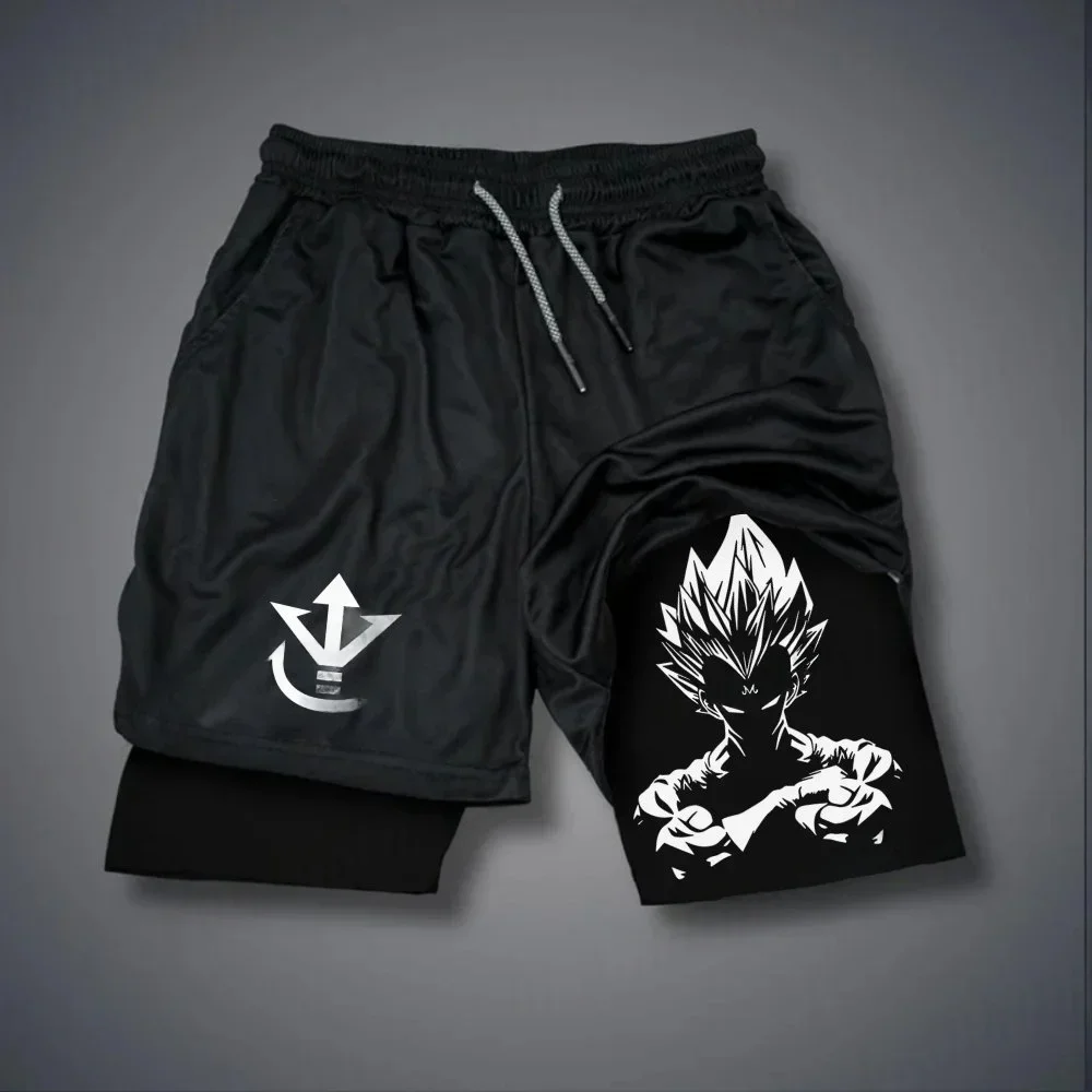 Dragon Ball Herren-Shorts, doppellagige 2-in-1-Shorts, Vegeta Japan Anime, Sommer, Herbst, schnell trocknende, gefälschte zweiteilige Sportshorts