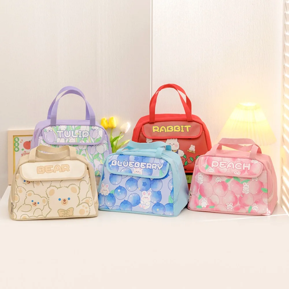 Flower Blue Cartoon Lunch Handbag Reusable Tote Large Capacity Cute Rabbits Lunch Bag Cooler Bags Aluminum Foil