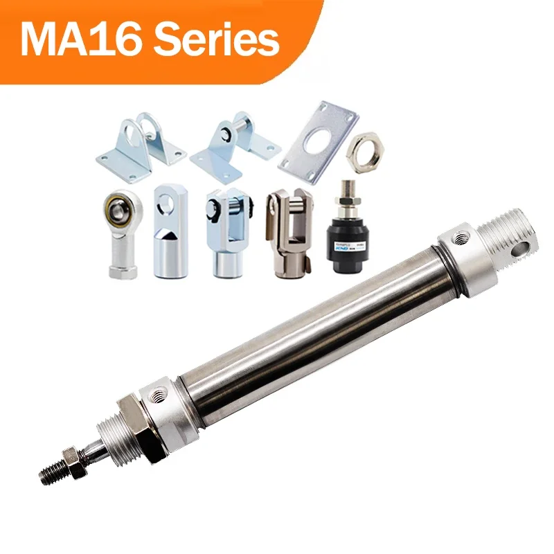 HLH MA16 Series Mini Air Pneumatic Cylinder 25-500mm Stroke Stainless Steel Double Acting Piston