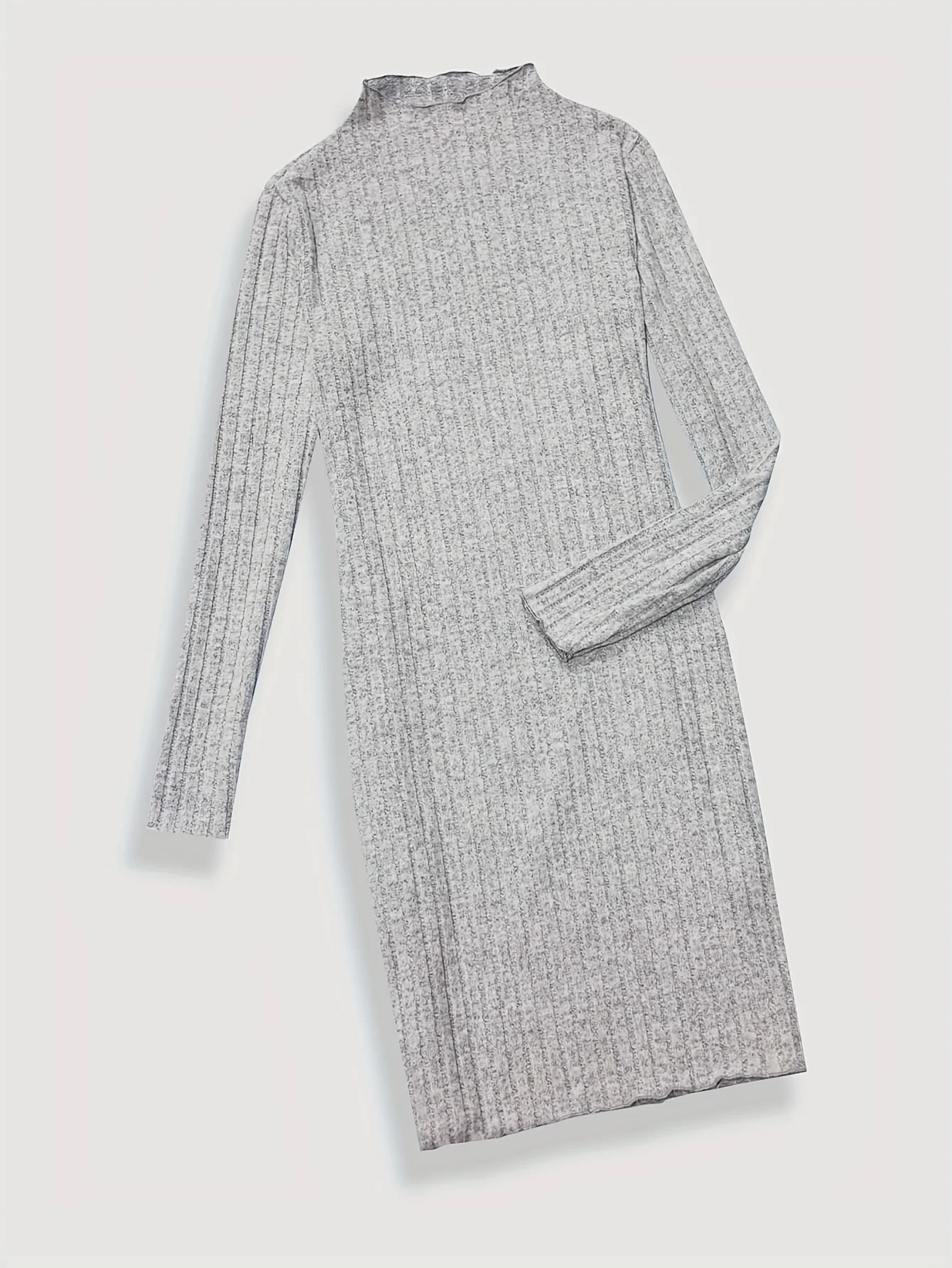 

Women Heather Gray Ribbed Knit Ruffle Trim Mock Neck Long Sleeve Bodycon Midi Dress Casual Slim Fit Form Fitting Dress For Daily
