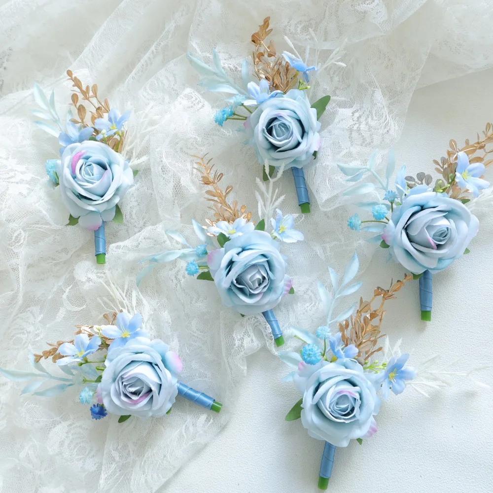 صدار المعصم الأزرق وزهرة العروة على المعصم للعروس وصيفة العروس الزفاف العروة للرجال العريس وصيف الزفاف #1