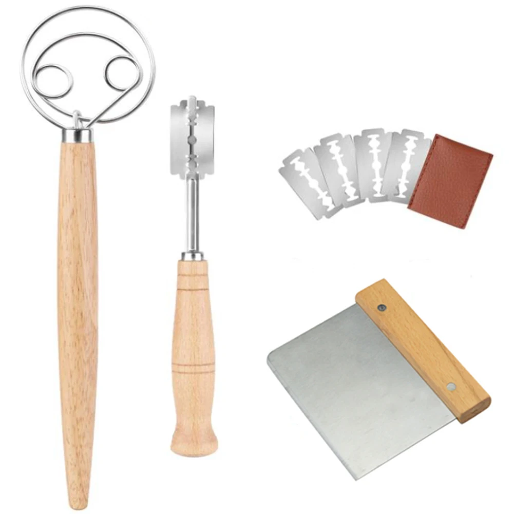 A013 Danish Dough Whisk Set Large Double Eye Bread Mixer Set ,with 4 Replaceable Blades for Cake Bread Pastry(8Pcs)
