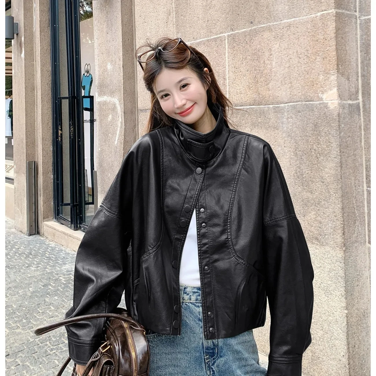 

Women Leather Coat 2026 Spring Autumn New Casual Stand Collor Short Motorcycle Leather Jacket Korean Loose High End PU Outwear