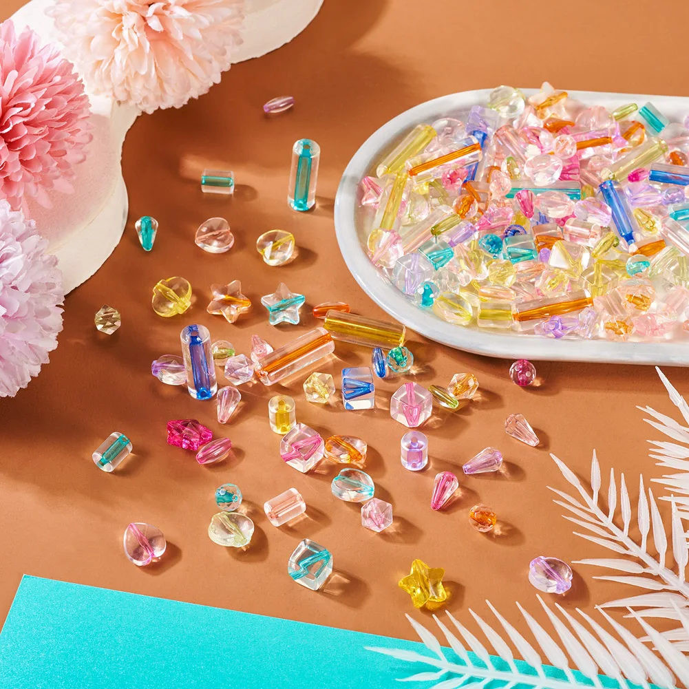 200pcs Mixed Transparent Acrylic Beads Teardrop Column Polygon Loose Spacer Beads for Bracelet Necklace Jewelry Making Findings