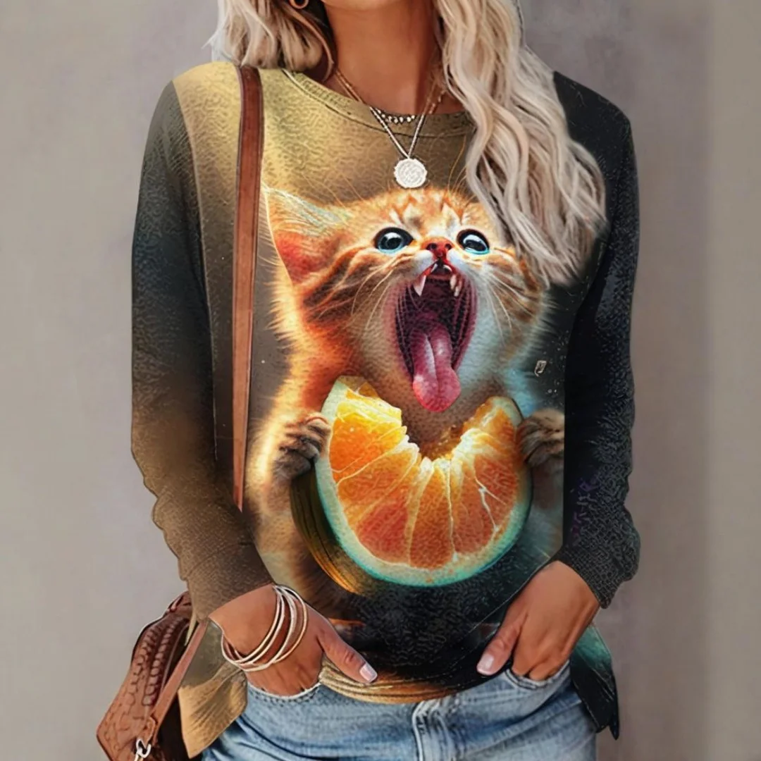 

Women's Long-Sleeved T-Shirt for Fall Cartoon Animal Cat Print Fashionable Round Neck Long-Sleeved Top OverSize Women's Clothing