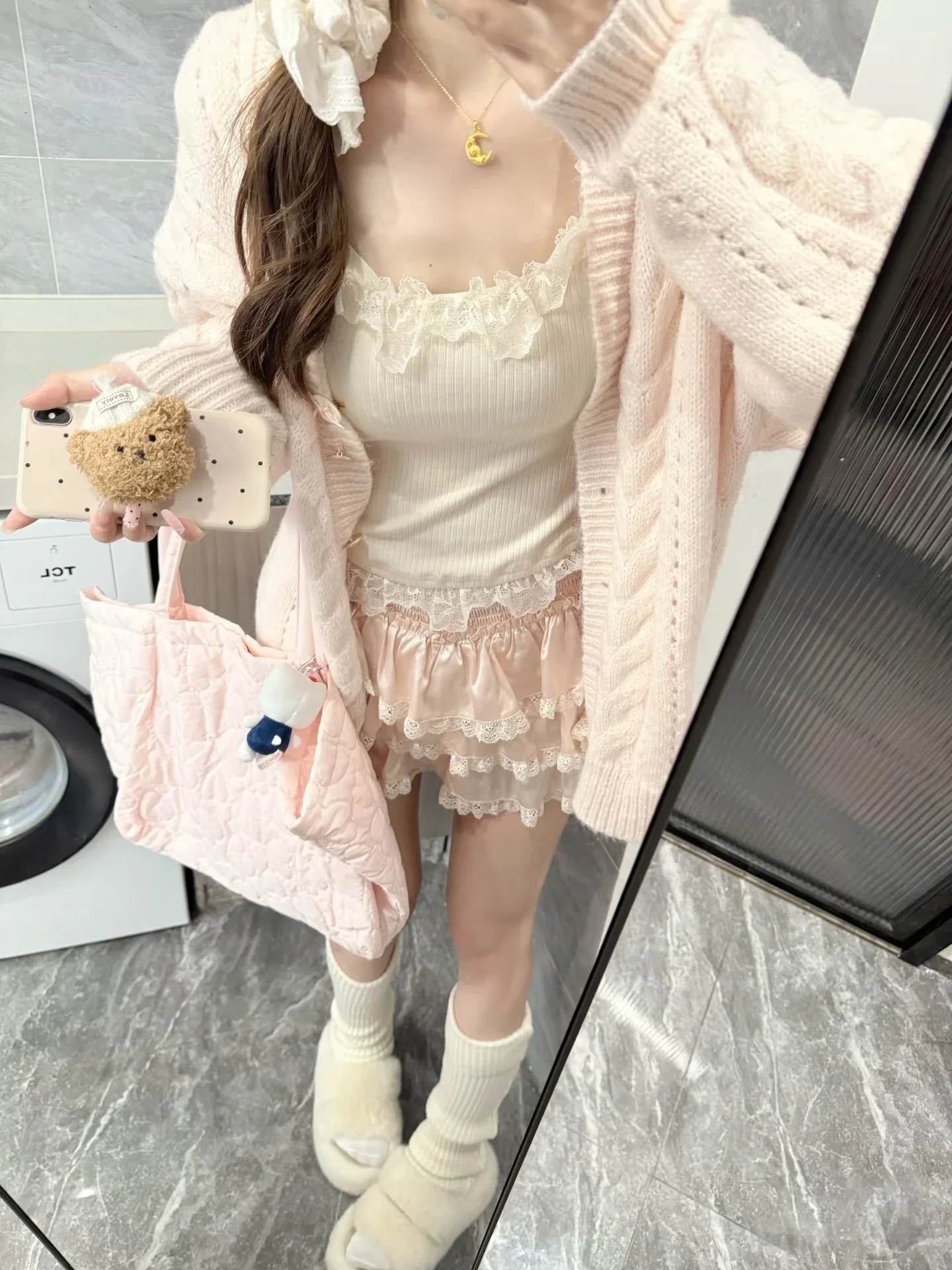 Soft Style Pink V-Neck Sweater Coat Women's Autumn New Lazy Style Loose Medium Length Twist Knitted Shirt Casual Wear