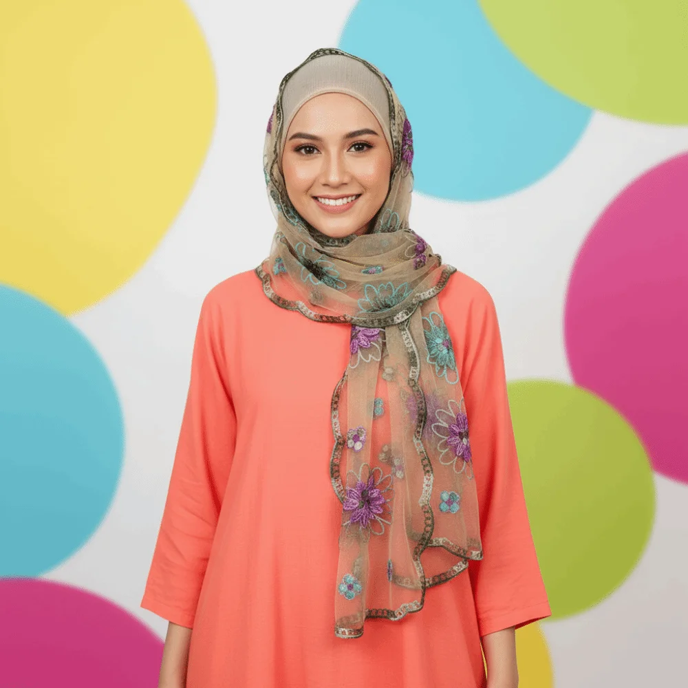 Neck Wrap Embroidered Floral Headwrap Breathable Lightweight Sheer Shawl Soft Translucent Summer Hijab Beach Vacation