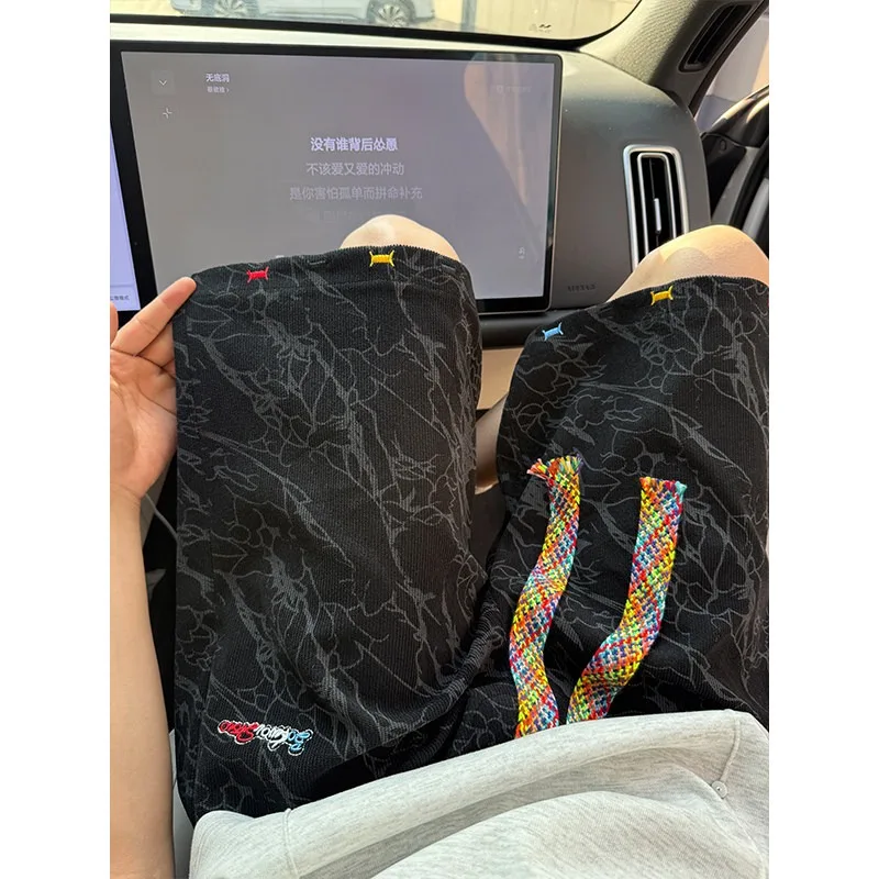 Men Ink Floral Print Bermuda Shorts Colorful Thick Drawstring Elastic Waist Loose Knee Length Streetwear Shorts with Pockets