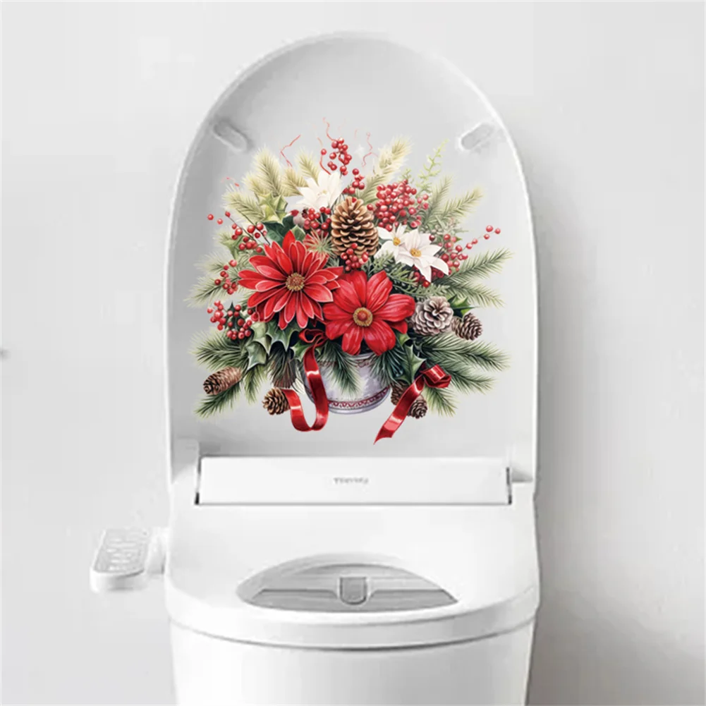 

Christmas Berry Wreath Bathroom Toilet Sticker Self-Adhesive Pine Needles Pattern DIY Removable Toilets Stickers For Bathroom