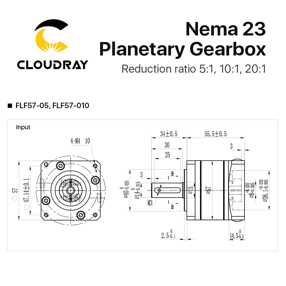 Cloudray Nema 23 Planetary Gearbox Motor Speed Reducer with Ratio 5:1, 10:1, 20:1, 8mm Input for Nema23 Stepper Motor