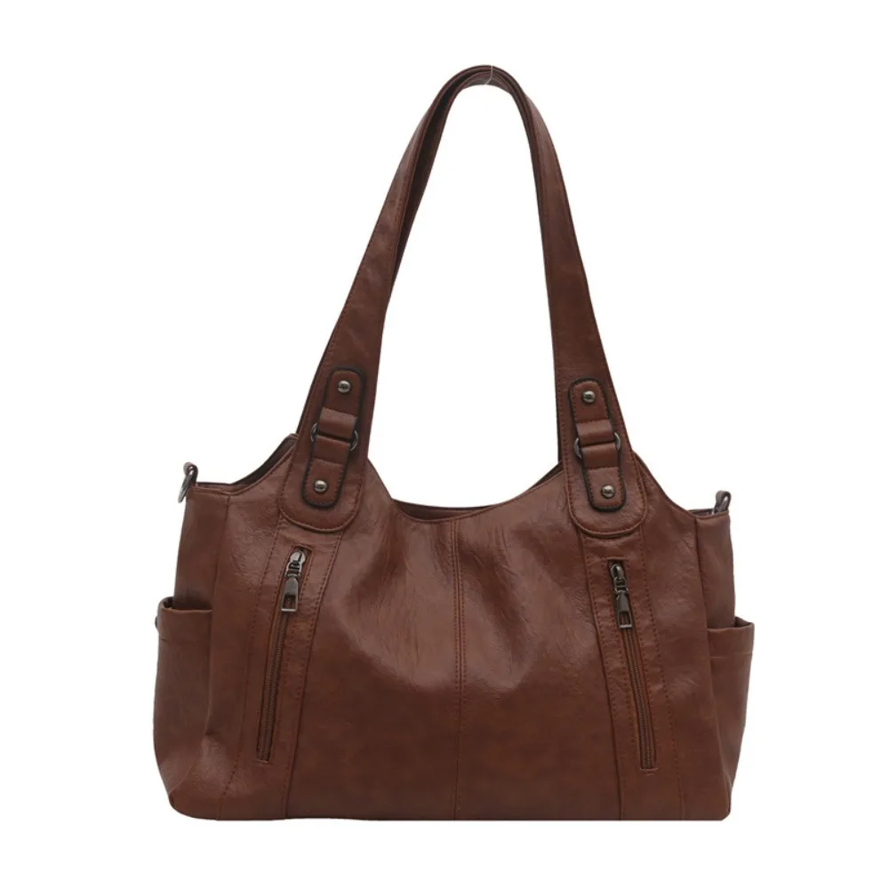 

Stylish Retro PU Shoulder Bag Locomotive Style Large Capacity Commuting Handbag Solid Color Waterproof Underarm Tote Bag Women