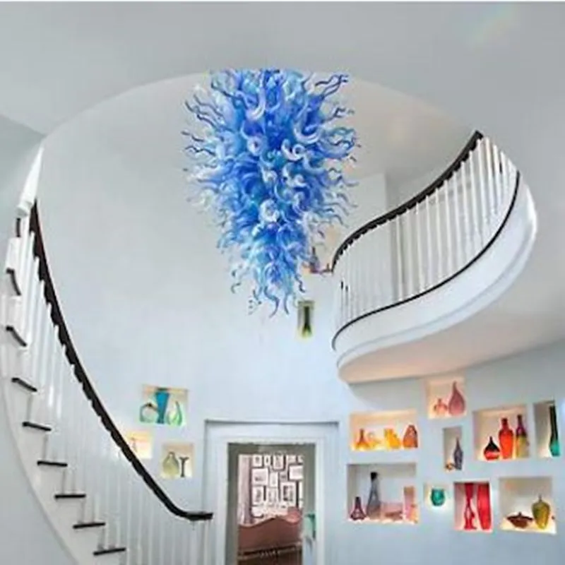 High Ceiling Pendant Lights Blue Color Villa Stair Art Decor Hand Blown Glass Hotel Chandeliers