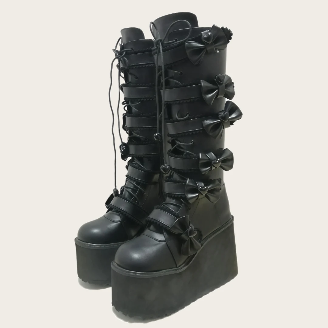 

Prowow Goth Butterfly Knot Сапоги до колена Женские черные кожаные сапоги с круглым носком и перекрестной завязкой на боковой молнии 2025 Новые длинные сапоги в стиле панк