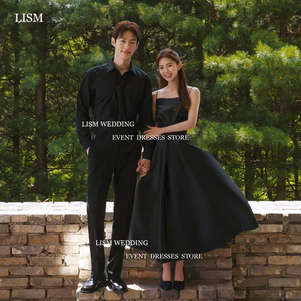 

LISM Simple Black Korea Evening Party Dresses Spaghetti Strap Photo Shoot Ankle Length Pleat Formal Party Prom Gowns Custom Made