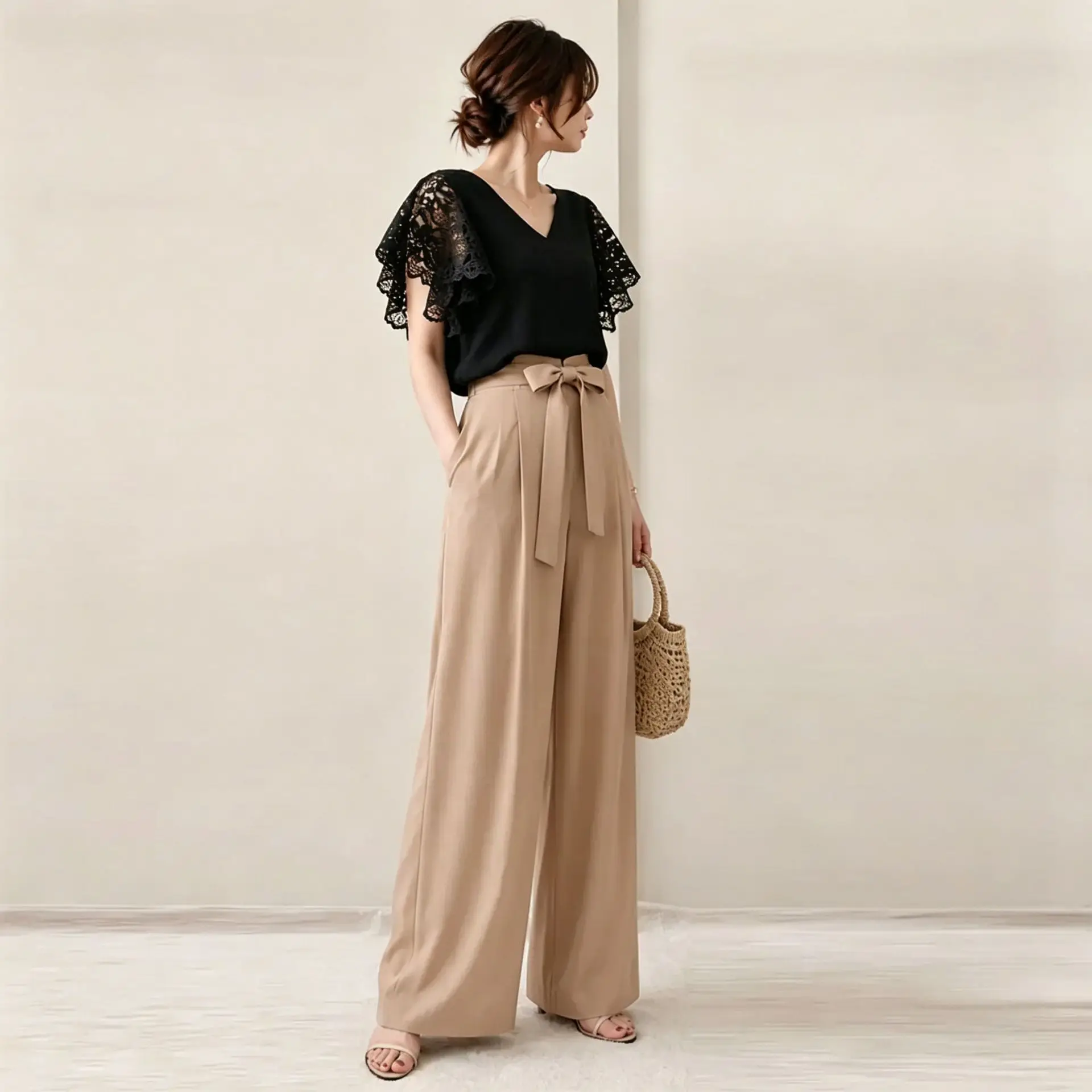 2026 New Two-piece Set: Rule 124; Sleeve Lace Shirt And High-waisted Wide-leg Cropped Pants Women's Casual Dresses Y2k、 Clothes